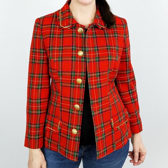 David Warren VTG SZ 8 Tartan Bling Gold Button Front Fitted Blazer Lightweight - Picture 1 of 8